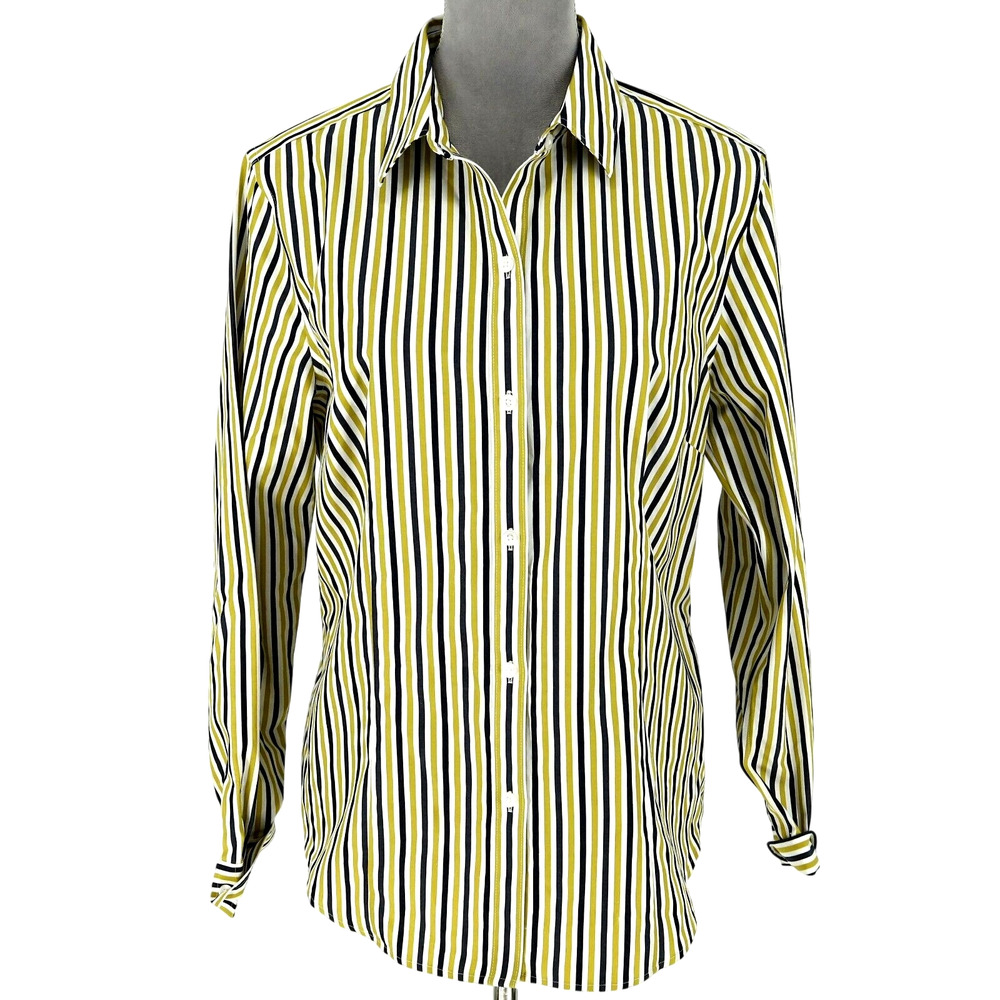 Jones NY Top Womens Large Non Iron Shirt Black Gold Stripe Cotton Blouse Preppy